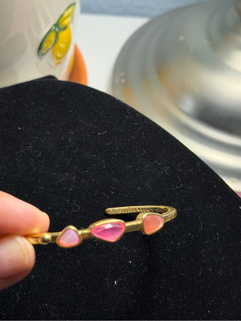 Kendra Scott Gold Pink Quartz Organic Stone Trio Open Bangle Cuff
